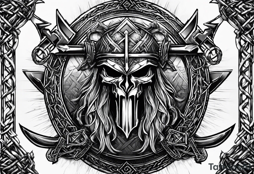 Valhalla  sword shield axe barbed wire chains valknut tattoo idea