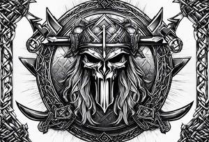 Valhalla  sword shield axe barbed wire chains valknut tattoo idea