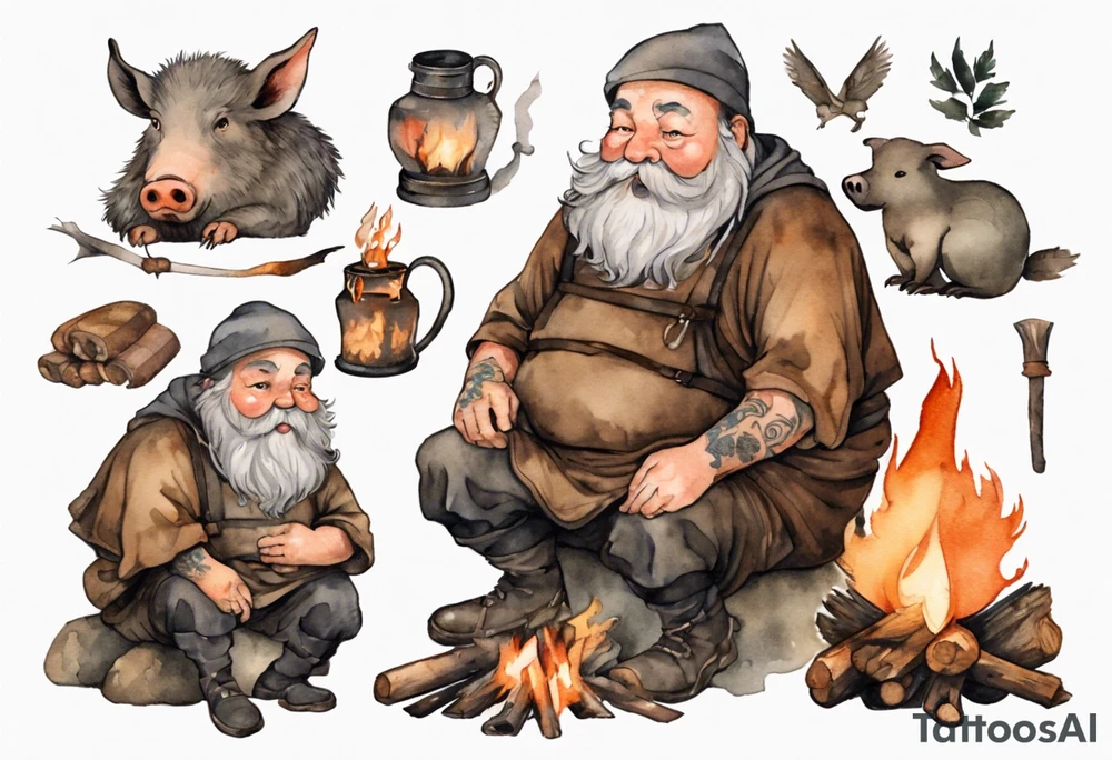 a 55-year-old medieval fat Bavarian man with a grey beard wearing a brown and black tunic sitting by a campfire with his pet boar tattoo idea