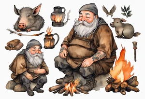 a 55-year-old medieval fat Bavarian man with a grey beard wearing a brown and black tunic sitting by a campfire with his pet boar tattoo idea