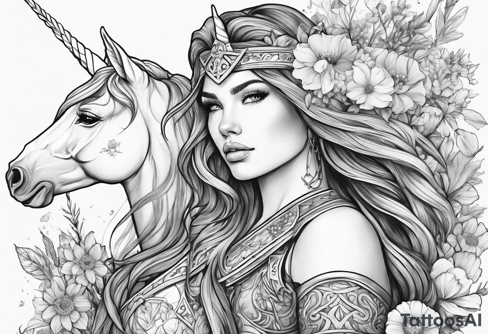 Warrior princess Valkarie with unicorn and wildflowers half sleeve tattoo idea