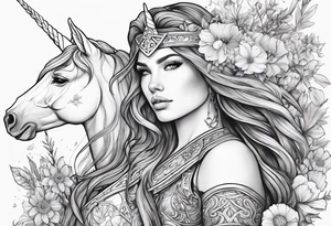 Warrior princess Valkarie with unicorn and wildflowers half sleeve tattoo idea