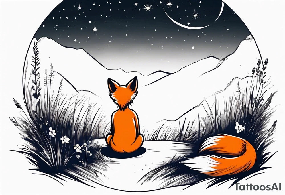 sitting from behind looking at the stars, a little girl and a fox sitting in the grass tattoo idea