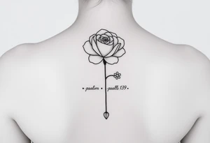 Fine line rose flower with a daisy. the daisy pedals are falling down the middle of the back. Also include the words psalm 139 and even there connected to the flowers by dots tattoo idea
