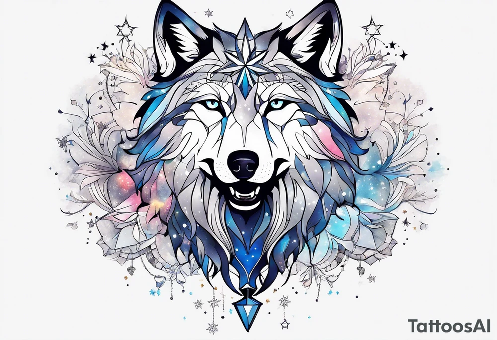 Constellation, two animal wolf, snowflake tattoo idea
