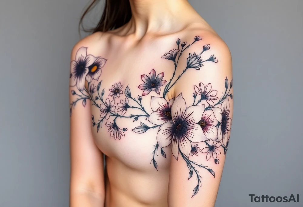 This is a tattoo of a string of flowers in bloom and is on a woman. It starts on her left side of the chest on the pectoral with a Glaiolus and Daisy pushed together. The tattoo rises over the left shoulder and down the arm and ends at the elbow. The tattoo will feature a primroses, Calla Lilys, and Lillys. They can have multiple flowers but 1 of each will pop with shading and be colored in. tattoo idea