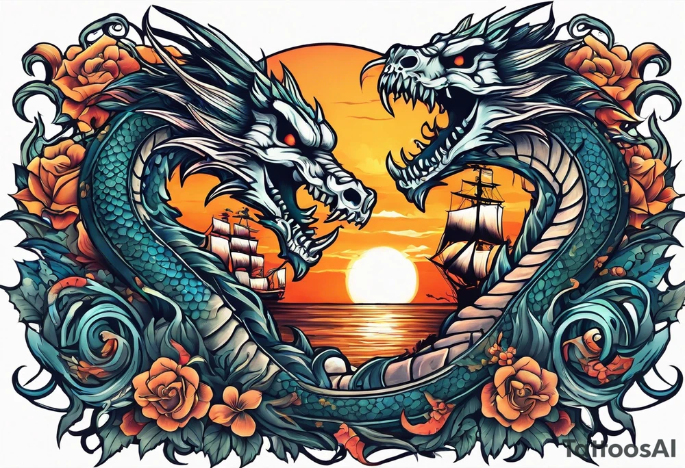 multiple skull pirates together with a sea serpent dragon with a sunset background and sexy wenches tattoo idea