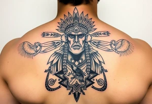 Purepecha king surrounded by purepecha symbols with hidden hummingbird tattoo idea