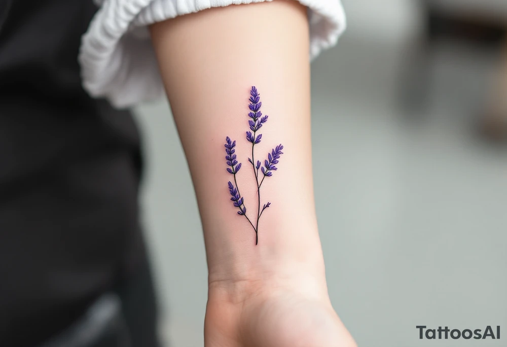 A minimalist line-art lavender sprig, with a subtle touch of violet and pastel green for a delicate and modern aesthetic. tattoo idea