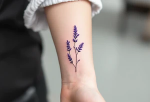 A minimalist line-art lavender sprig, with a subtle touch of violet and pastel green for a delicate and modern aesthetic. tattoo idea