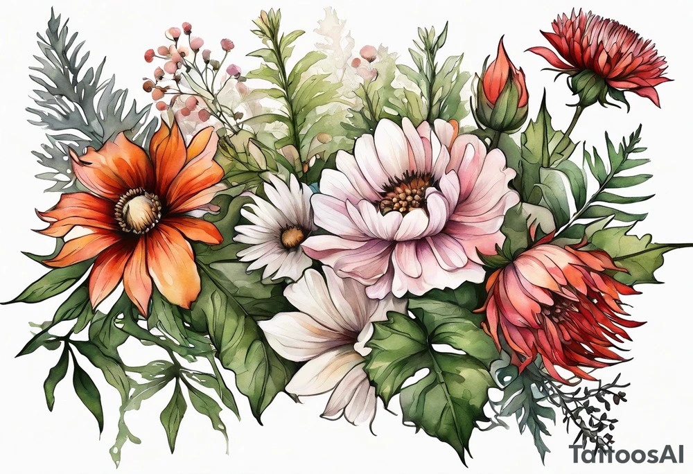 wildflowers with thistles, ferns, white flowers, cream flowers, pink flowers, burnt orange flowers, red flowers and all in watercolor tattoo idea