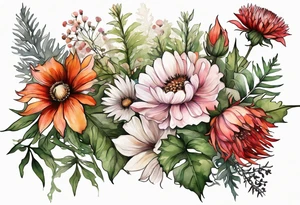 wildflowers with thistles, ferns, white flowers, cream flowers, pink flowers, burnt orange flowers, red flowers and all in watercolor tattoo idea