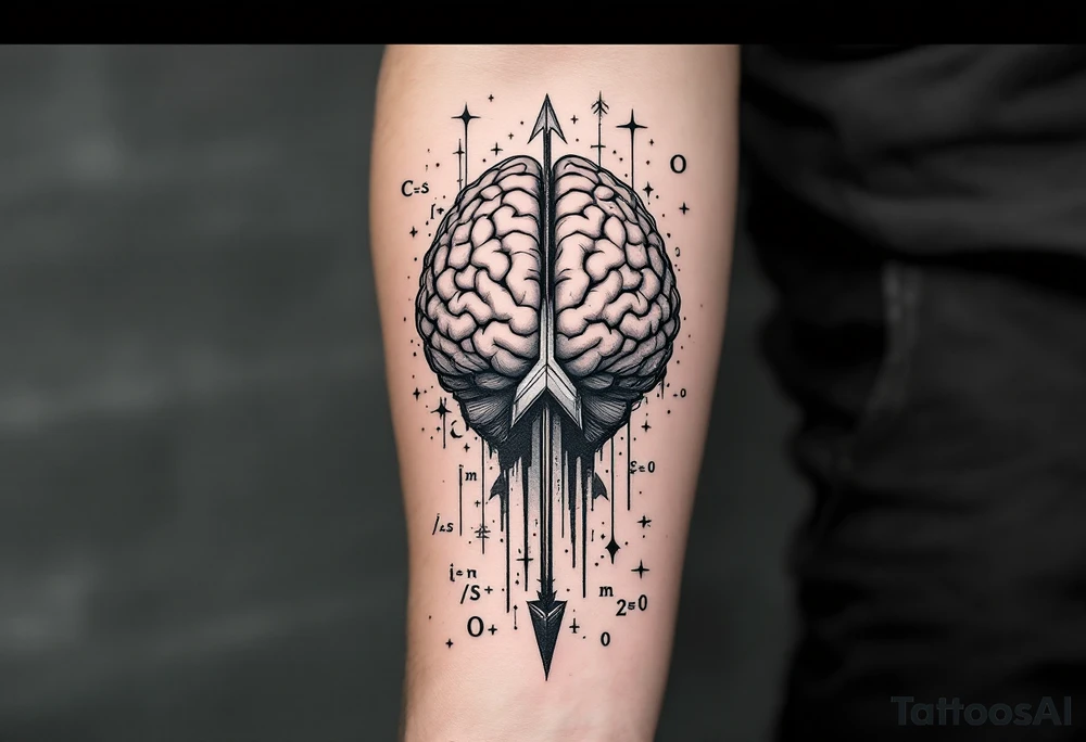 A vertical front-seen brain in geometric and straight lines, math symbols arround. A detailed arrow crosses from below and exit from the top, with its tip desintegrating to represent entropy and watercolor stains spilled from the arrow. Around of the main tattoo, math and physics formulas, including the formulas "ΔS ≥ 0" and "(iδ + m) Φ = 0" tattoo idea