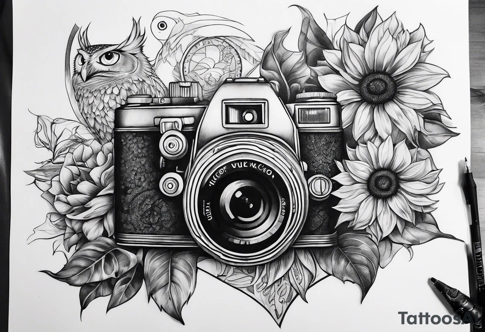 sunflower, camera, fish, owl tattoo idea