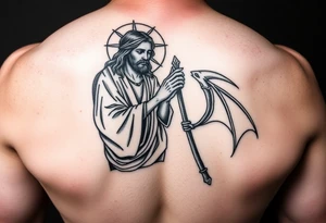 Jesus praying over the devil and reaper tattoo idea
