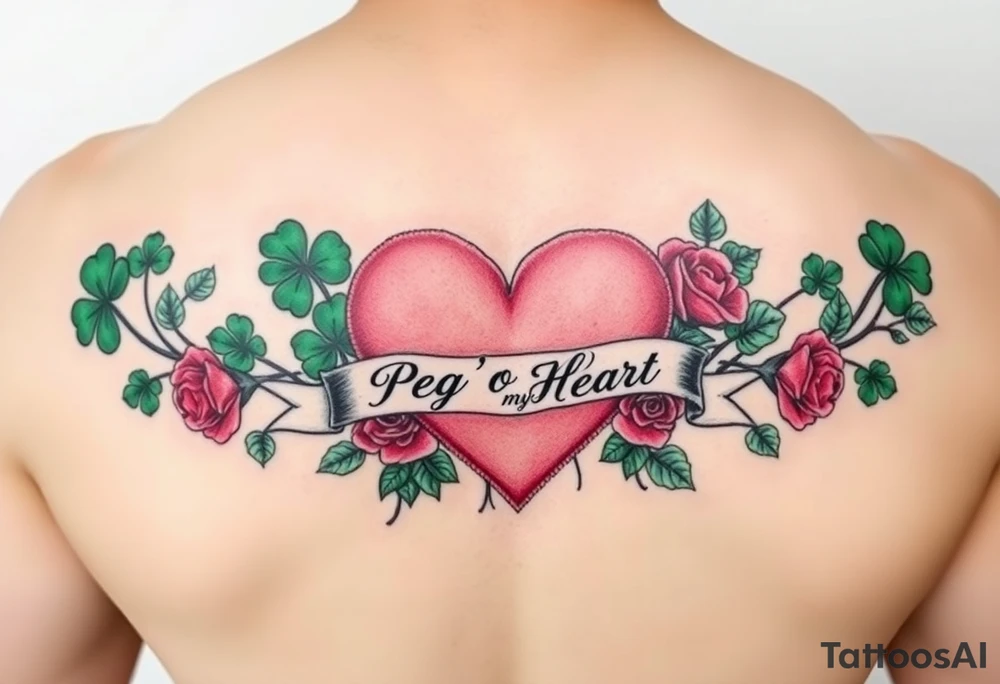 A lot of green shamrocks & red roses with a big Pink heart and a banner across the heart that says Peg 'o My Heart tattoo idea