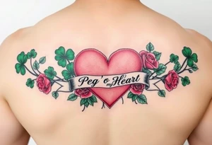 A lot of green shamrocks & red roses with a big Pink heart and a banner across the heart that says Peg 'o My Heart tattoo idea