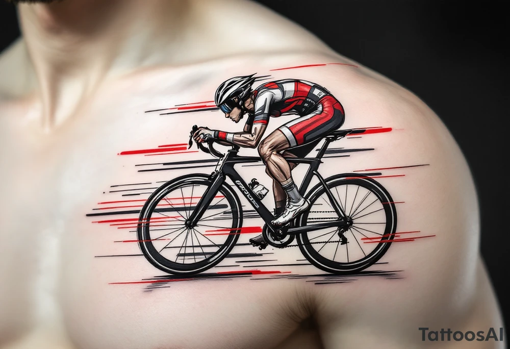 A hyper-realistic cyclist in mid-sprint, with motion blur effects and red and black racing stripes, symbolizing speed and determination. tattoo idea