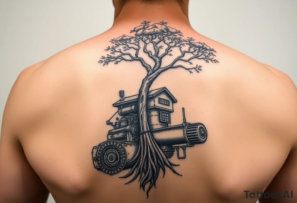tree grown into an engine steam punk floating through the sky, machine is a home and a flying machine tattoo idea