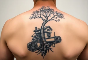 tree grown into an engine steam punk floating through the sky, machine is a home and a flying machine tattoo idea