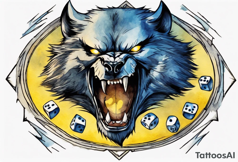 A 20 sided Dice in the center with numbers and wolverine claw marks framing the area underneath the dice and a werewolf howling at the moon in the background, and blue and yellow faded background color tattoo idea