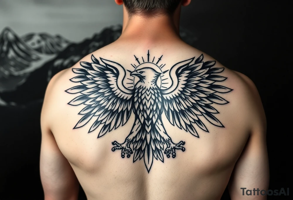 i am looking at getting a russian / serbian style eagle spread out on my back neck across my shoulders / traps in a orthodox christian style setting with a sun beaming and in a mountainous setting give me some ideas tattoo idea