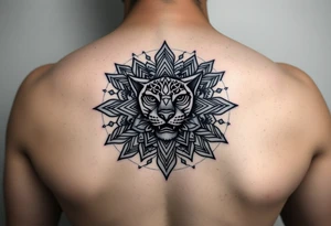 intricate mandala with a sacred panther with geometry and cosmic tattoo idea