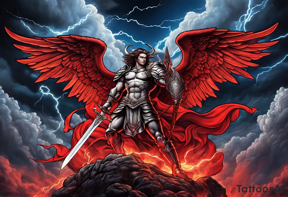Michael the Archangel standing over satan with sword.  Clouds and lightning in background.  Red lava below satan under a rock tattoo idea