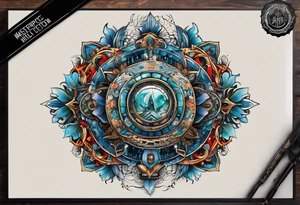 A tattoo design representing the interconnectedness of art, history, and cosmology, with elements of each intertwined in a visually striking way, tattoo idea
