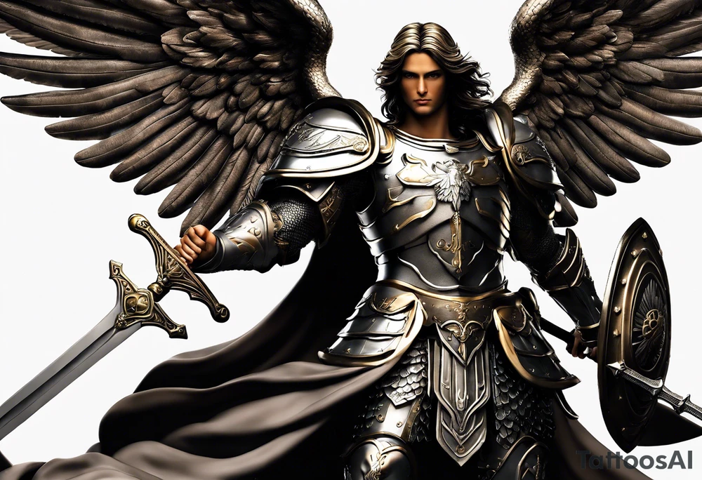 **Tattoo Design: Archangel Michael**

- **Central Theme**: Archangel Michael, majestic and powerful, stands ready with a raised sword, prepared to battle evil.
- **Appearance**: The figure of Archangel Michael depicted in full angelic armor, with majestic wings spread wide.
- **Expression**: His stance conveys strength, courage, and determination in defense of good.
- **Details**: Focus on intricate details such as facial features, armor embellishments, and the raised sword.
- **Background**: May be stylized as celestial, with rays of light or clouds, accentuating the divine presence of Archangel Michael.
- **Placement**: Intended for placement on the chosen body area, with the option to adjust the size according to personal preferences. tattoo idea
