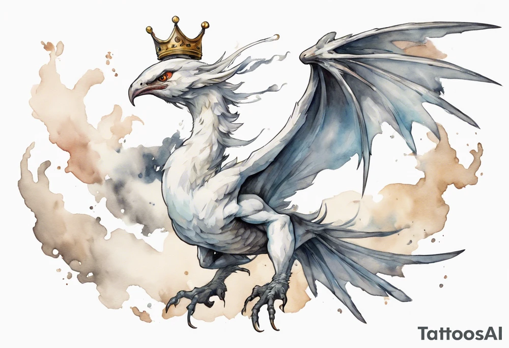 a white bird-wyvern hybrid, wearing a pewter crown on its head, flying in the air tattoo idea