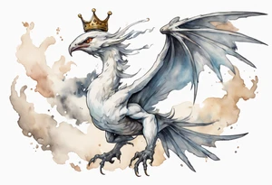 a white bird-wyvern hybrid, wearing a pewter crown on its head, flying in the air tattoo idea