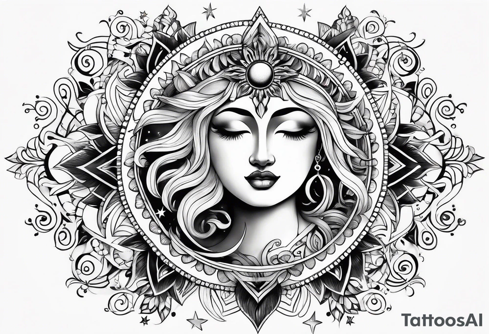 Feminine Sun and moon. long rectangular sternum swirls and dots and stars tattoo idea