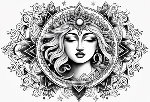 Feminine Sun and moon. long rectangular sternum swirls and dots and stars tattoo idea