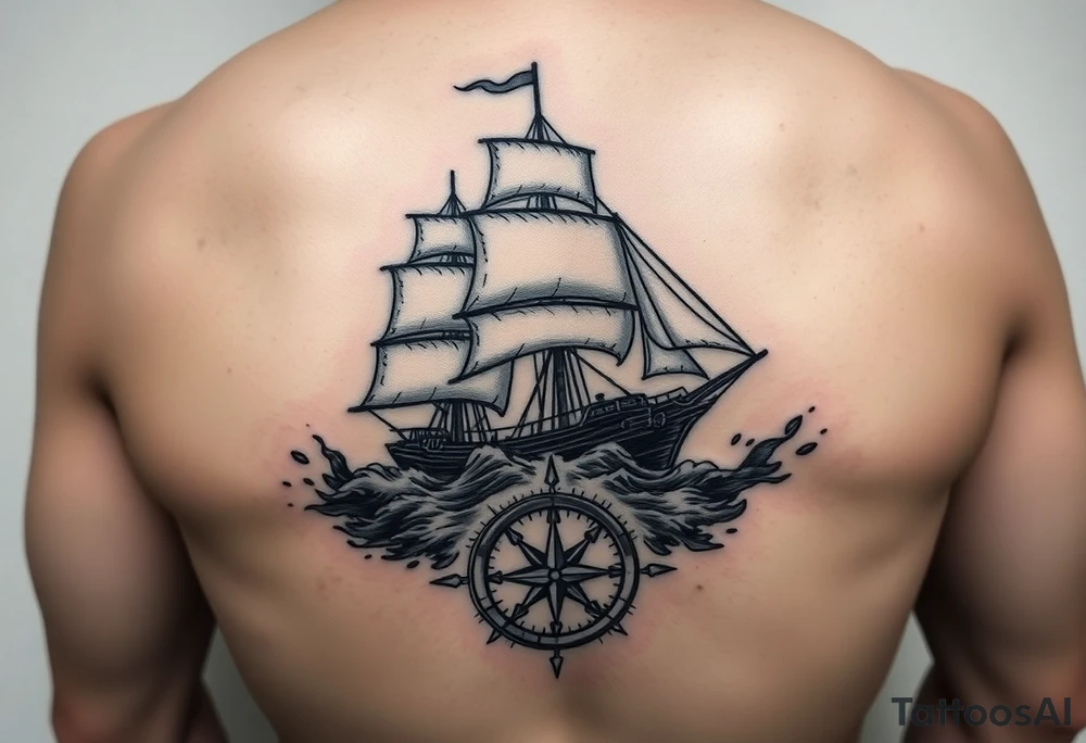 a ship in stormy seas,under it a compass. tattoo idea