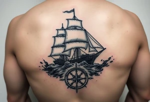 a ship in stormy seas,under it a compass. tattoo idea