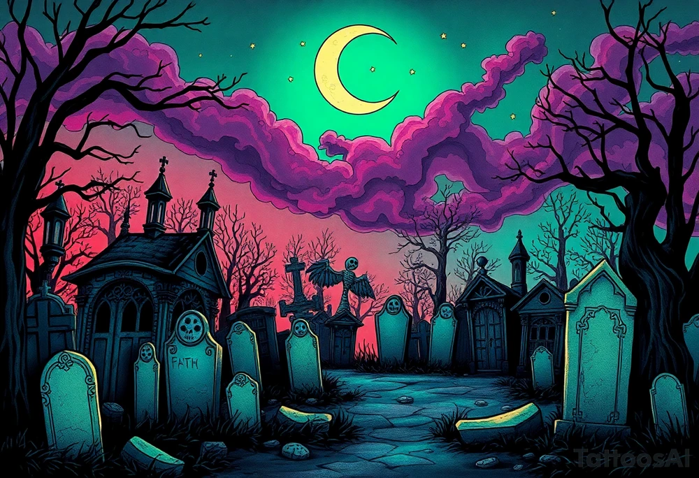 Tim Burton’s haunted victorian graveyard is abandoned and dripping with muted reds, dusty pinks, and eerie green glow.purple and cyan smokey clouds swirl in the crescent moonlit sky thats sprinkled with stars tattoo idea tattoo idea