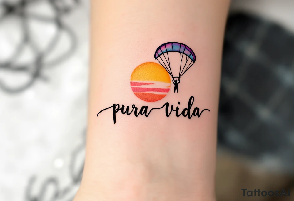 Cursive “Pura Vida” trailing behind a paragliding silhouette against a sunset gradient of yellow, orange, and magenta. tattoo idea