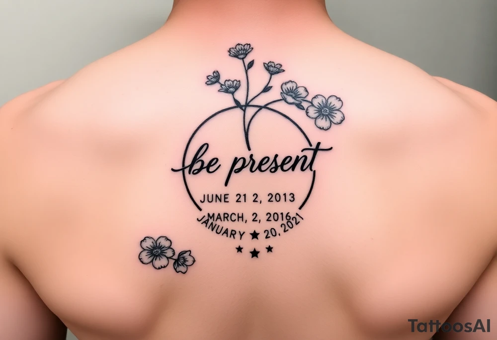 Enso ring with flowers and a stem with writing in cursive that says be present. Incorporate the dates June 2, 2013, March 2, 2016, and January 20, 2021. Also include three stars.


Make the Enso ring prominent tattoo idea