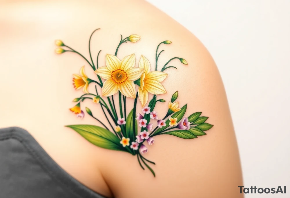 Feminine daffodils, Lily of the valley and larkspur bouquet tattoo idea
