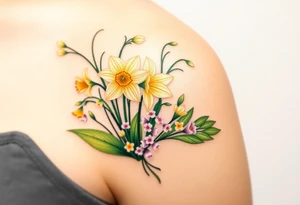 Feminine daffodils, Lily of the valley and larkspur bouquet tattoo idea