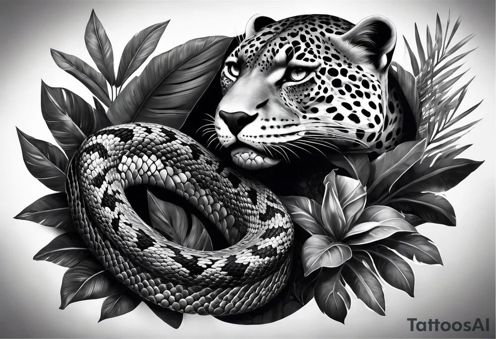 Black and grey realism with a pit viper snake, jaguar, and rainforest background for a forearm sleeve. Create the snake and jaguar to have aggressive features tattoo idea