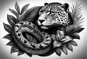 Black and grey realism with a pit viper snake, jaguar, and rainforest background for a forearm sleeve. Create the snake and jaguar to have aggressive features tattoo idea