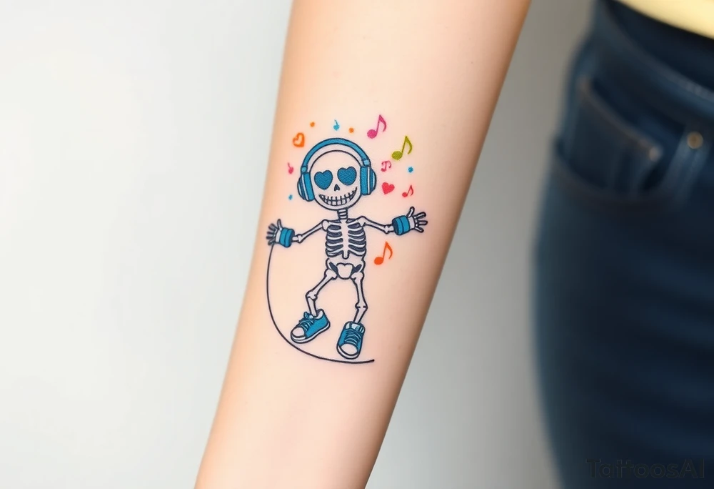 smiley skeleton with love shape in his eyes jumping on a jump rope with blue headphones and blue armbands and blue sneakers with colorful music notes around his head tattoo idea