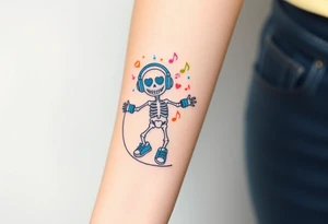 smiley skeleton with love shape in his eyes jumping on a jump rope with blue headphones and blue armbands and blue sneakers with colorful music notes around his head tattoo idea