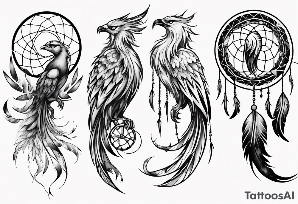 Vertical open mouthed Phoenix with abstract dream catcher tail tattoo idea