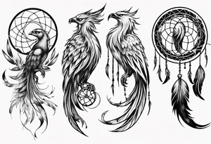 Vertical open mouthed Phoenix with abstract dream catcher tail tattoo idea