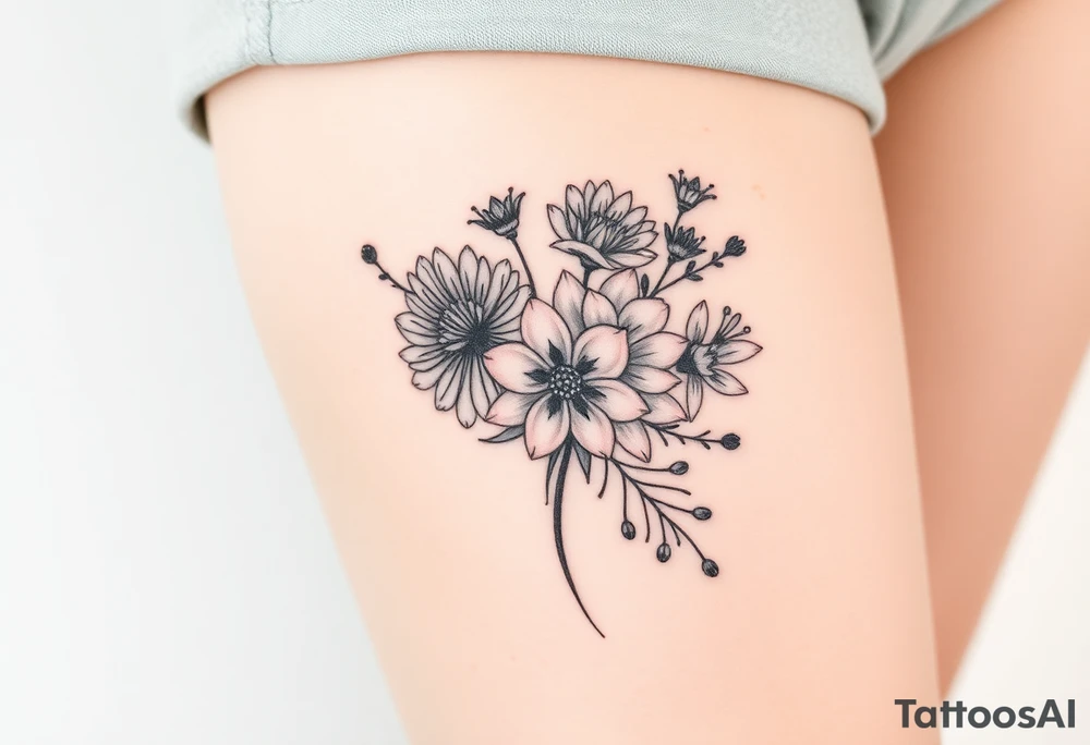 Honeysuckle, marigold, chrysanthemum, and violet bouquet tattoo idea