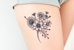 Honeysuckle, marigold, chrysanthemum, and violet bouquet tattoo idea
