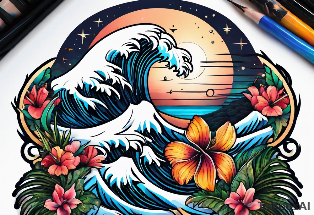 sea,, night, flower, palm, animal tattoo idea
